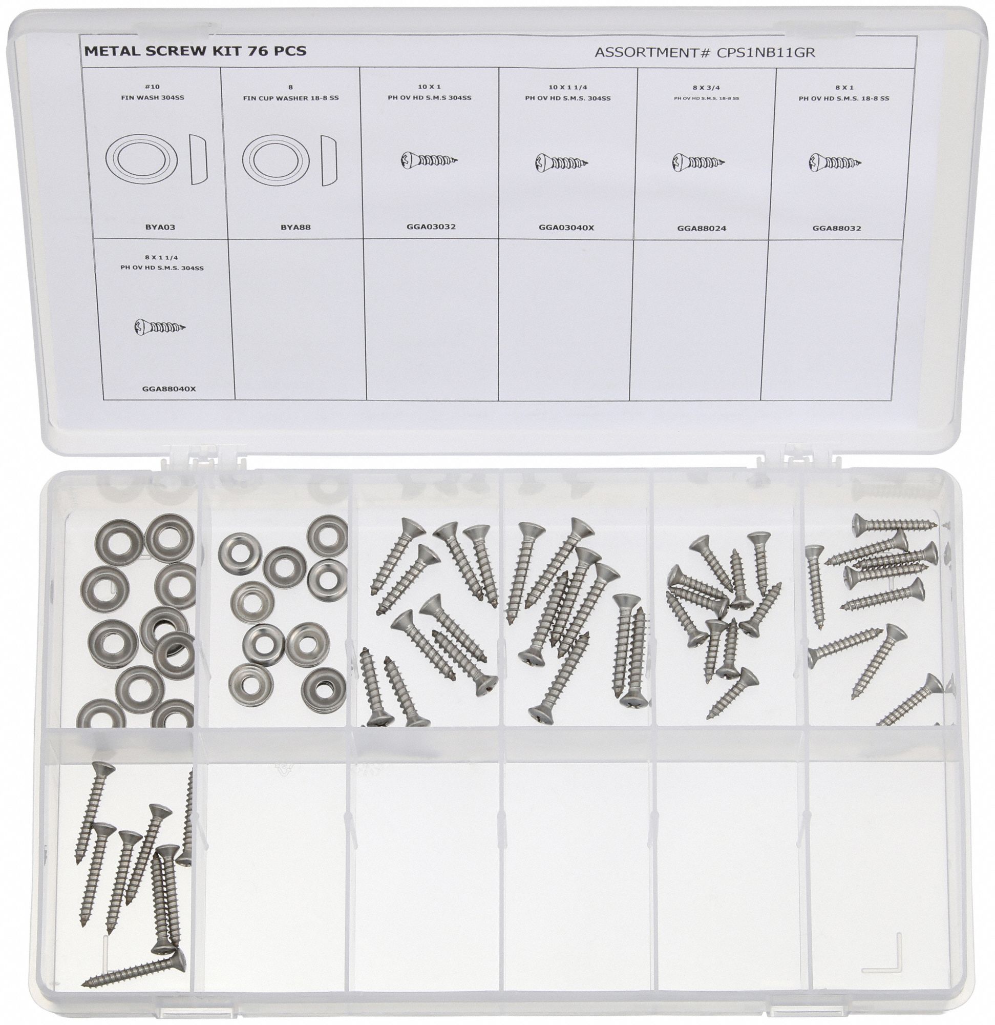 Tapping Screw Assortment: Steel, Plain, Oval, Phillips, 76 Pieces, 6 # of Sizes