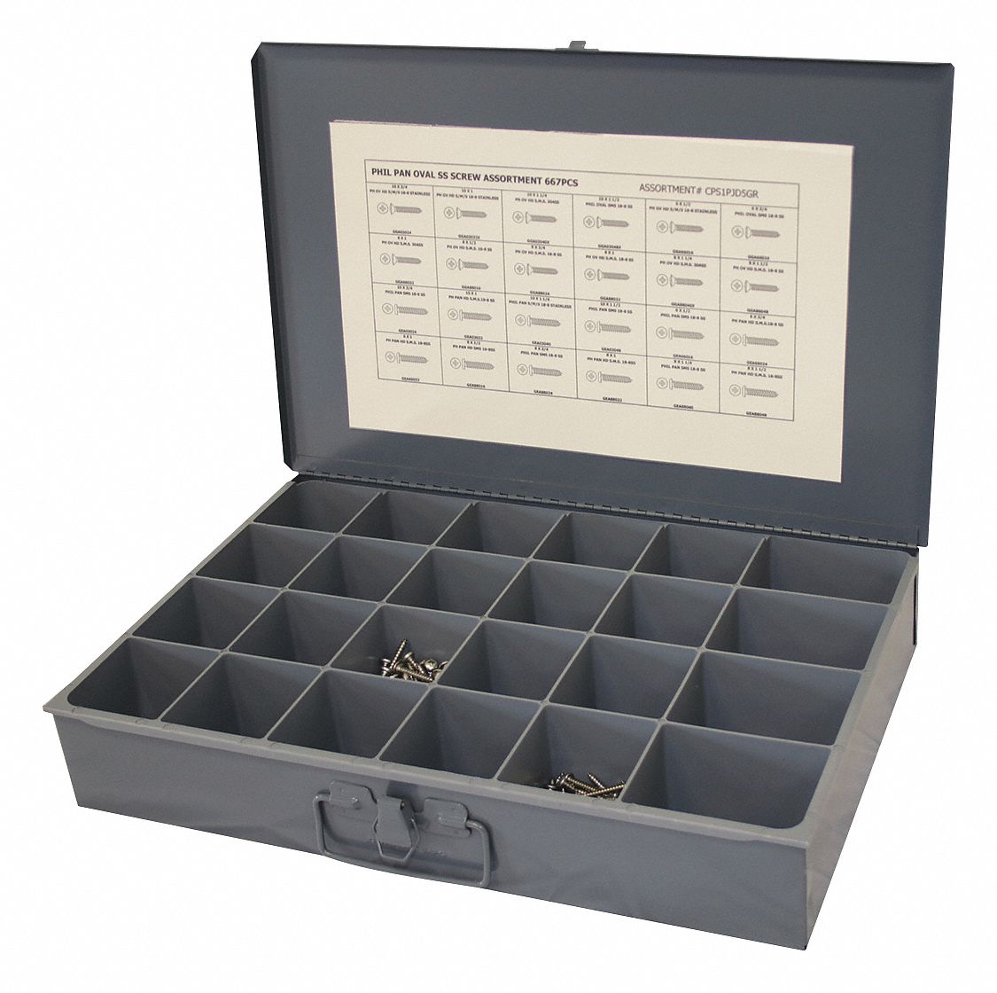 Tapping Screw Assortment: Steel, Plain, Oval/Pan, Phillips, 667 Pieces, 24 # of Sizes