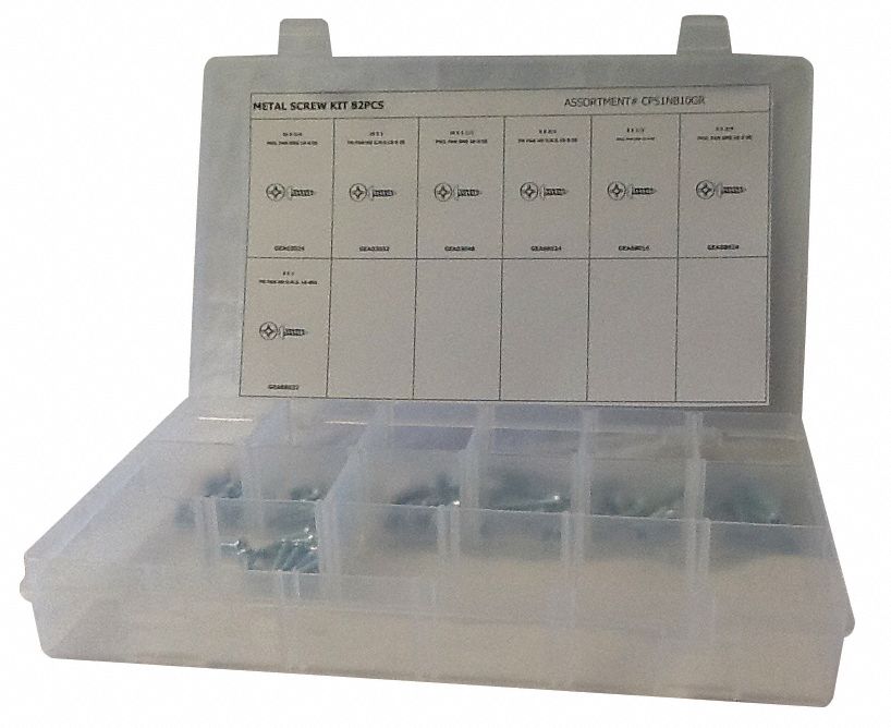 Tapping Screw Assortment: Steel, Plain, Pan, Phillips, 82 Pieces, 7 # of Sizes