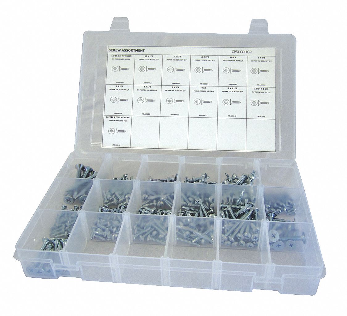 Steel, Zinc Plated, SelfDrilling Screw Assortment 53WR22CPS1YY41GR