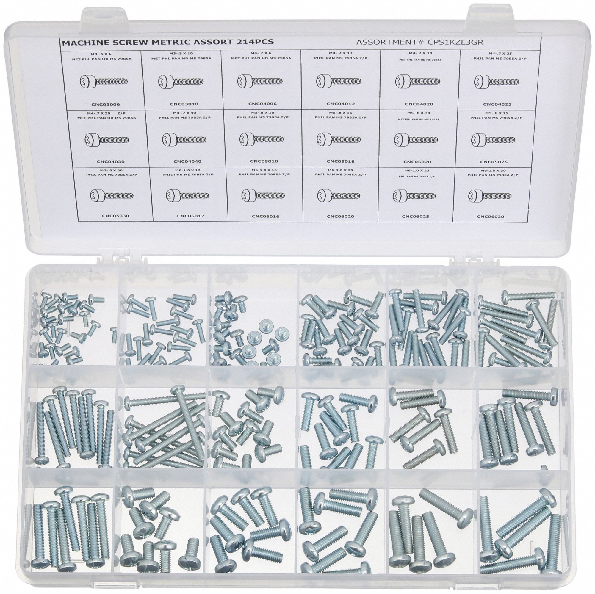 MACHINE SCREW ASSORTMENT, STEEL, ZINC PLATED, PAN, PHILLIPS, METRIC, PLASTIC, 214 PIECES