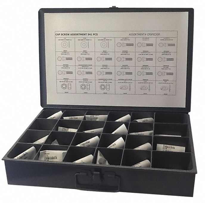 HEX HEAD CAP SCREW ASSORTMENT, STEEL, ZINC PLATED, INCH, 898 PIECES, METAL BOX, WITH HEX NUTS