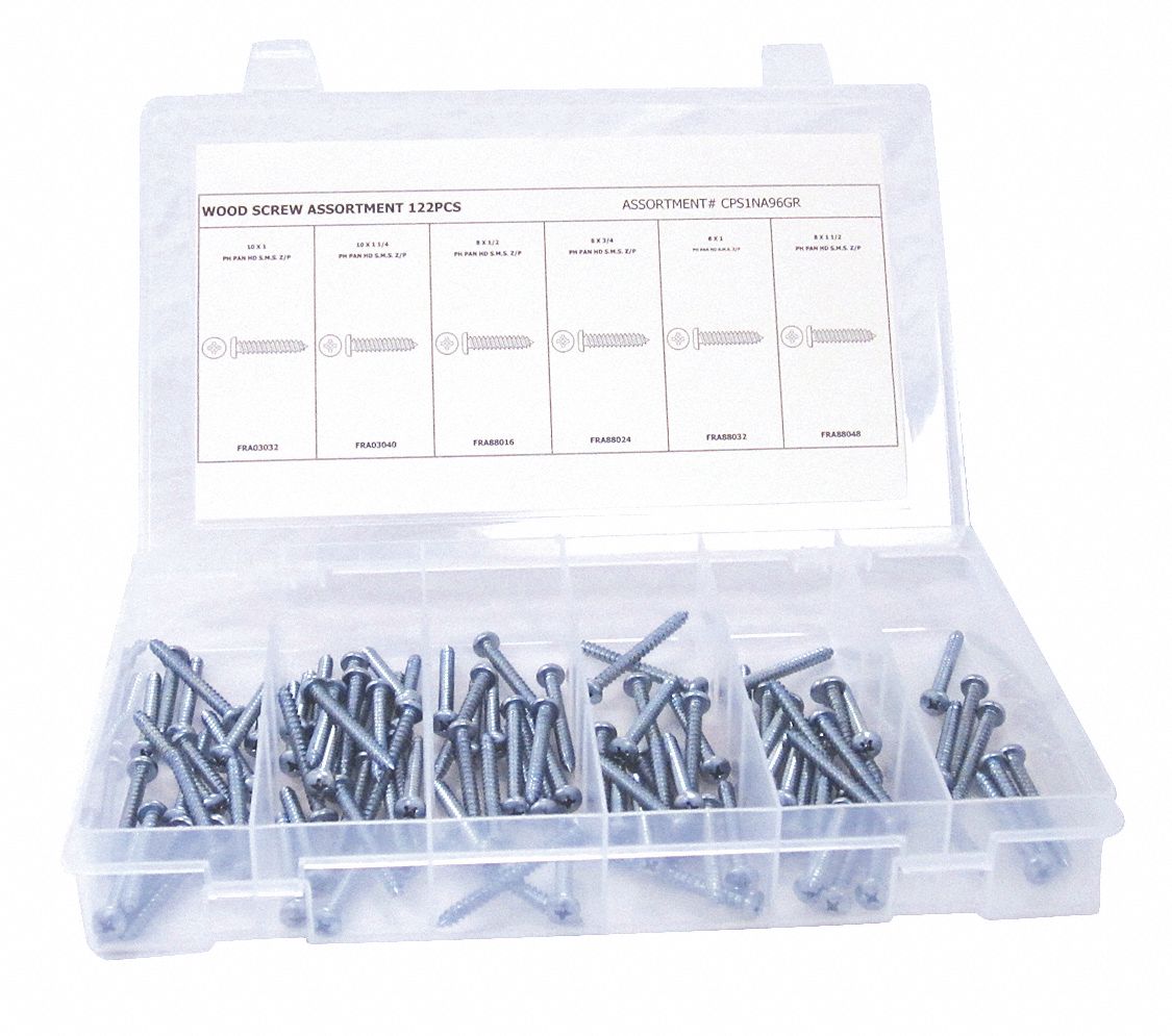6 to 8 Size, Steel, Wood Screw Assortment 53WR29CPS1NA96GR Grainger
