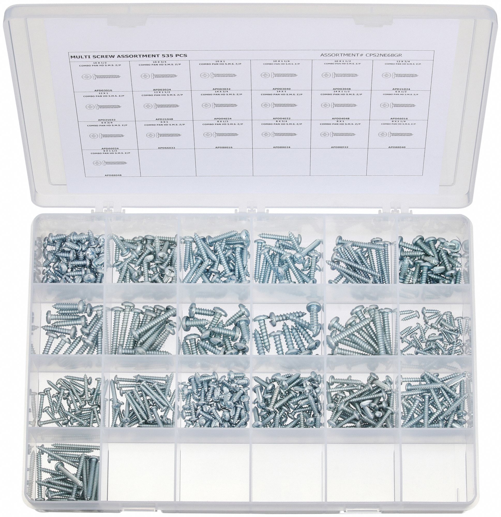 Tapping Screw Assortment: Steel, Zinc-Plated, Pan, Phillips/Slotted, 535 Pieces, 19 # of Sizes