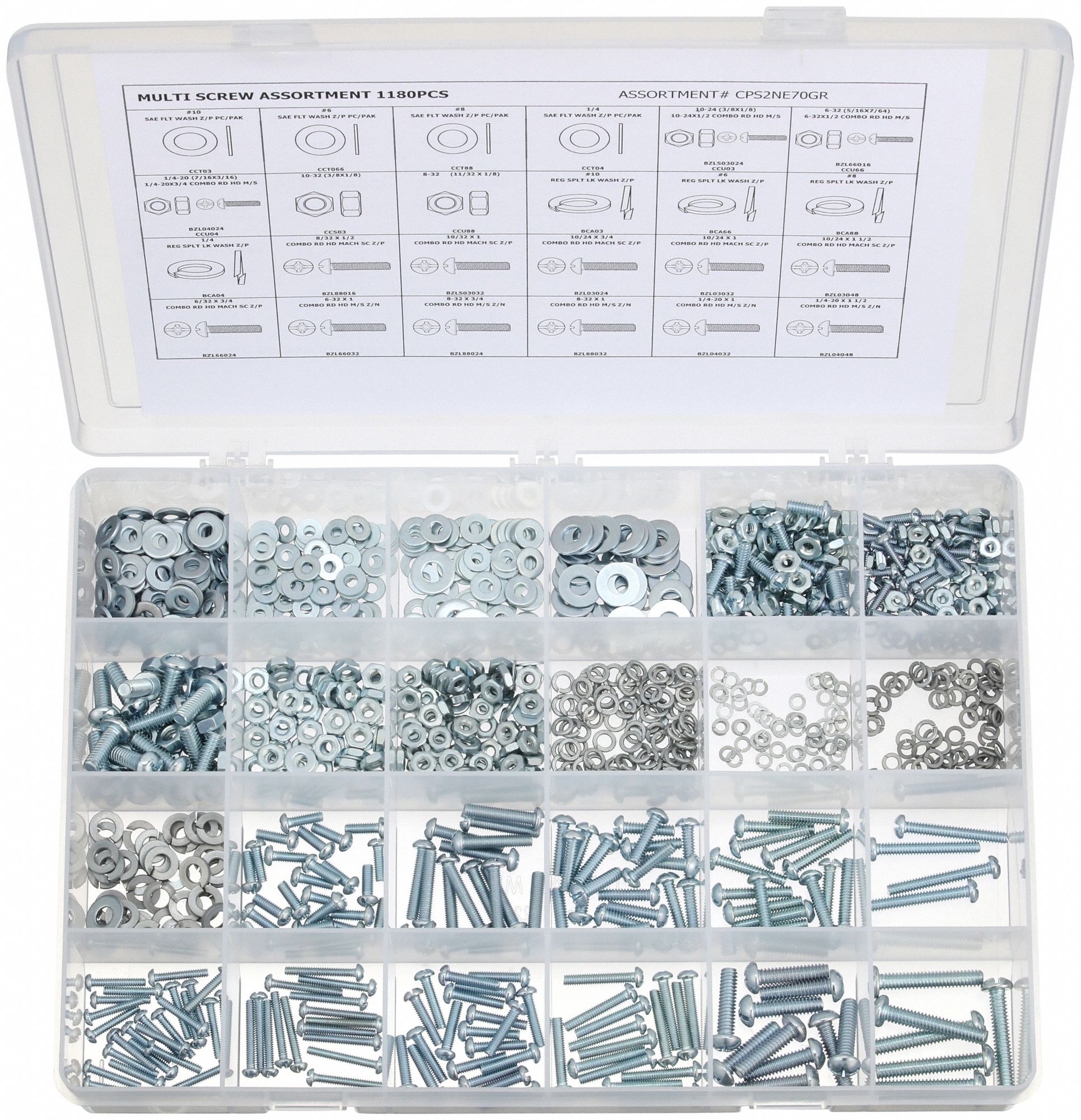 MACHINE SCREW, NUT, WASHER ASSORTMENT, STEEL, ZINC PLATED, ROUND, PHILLIPS/SLOTTED, INCH