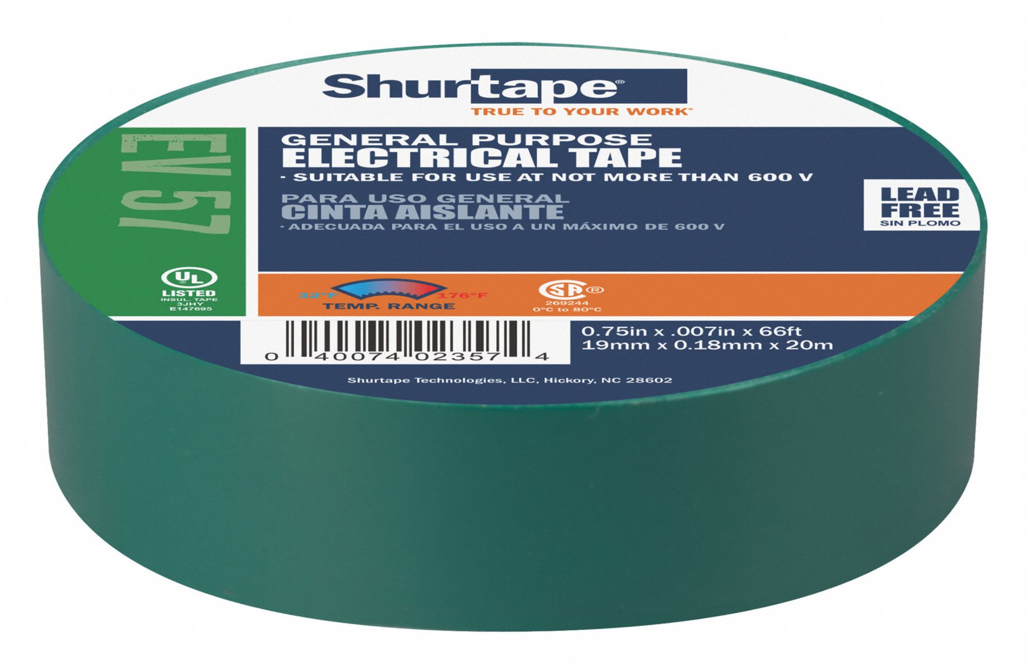 Electrical Tape: 3/4 in Wd, 22 yd Lg, 7 mil Thick, Polyvinyl Chloride Film, Rubber, Green