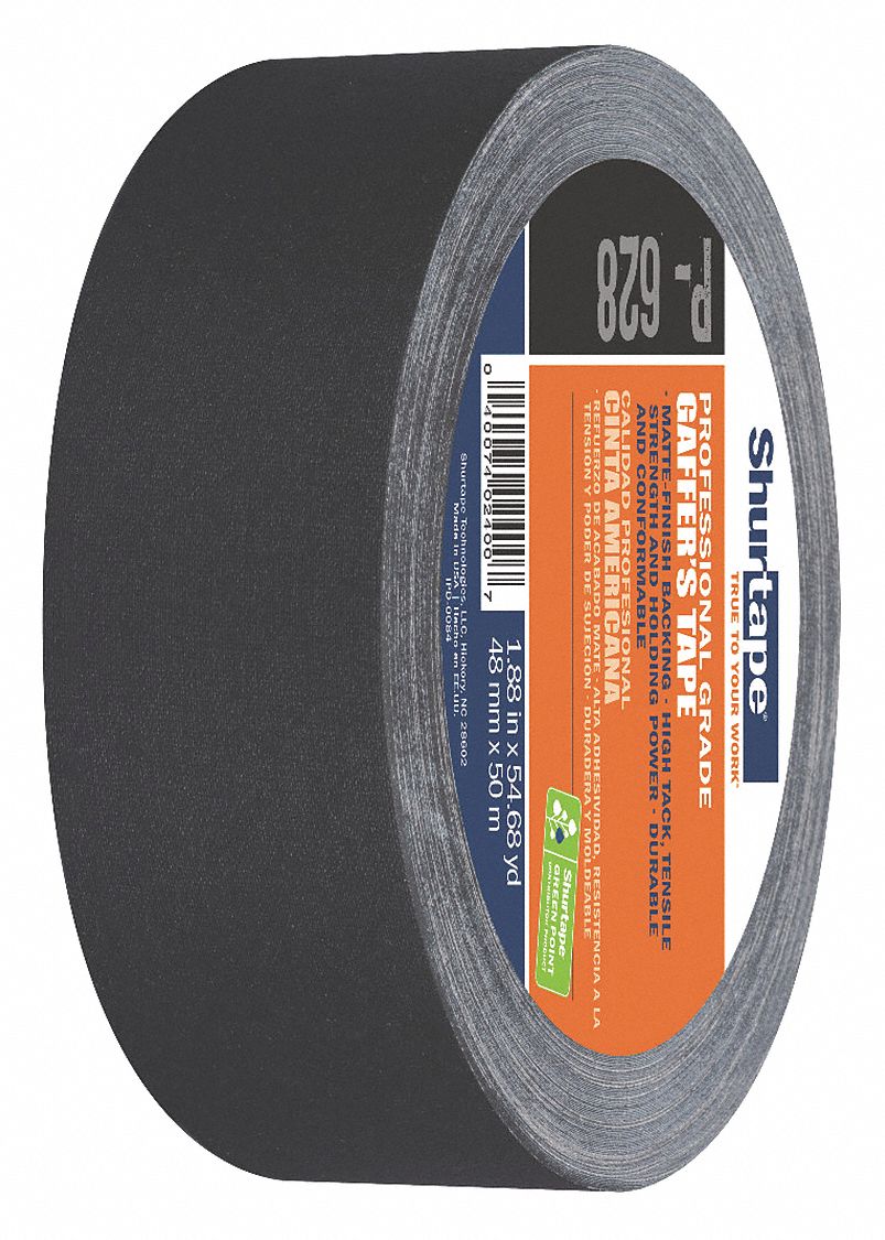 GAFFER'S TAPE, BLACK, 1⅞ IN X 54 YD, 10.75 MIL, VINYL COATED CLOTH BACK, RUBBER ADHESIVE