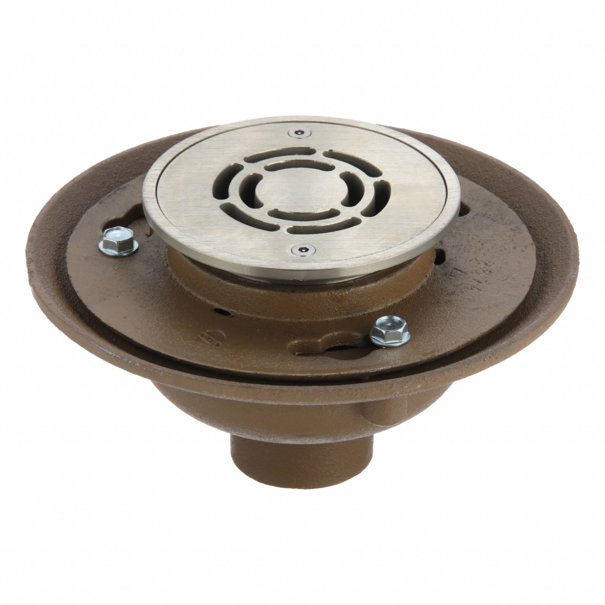 Floor Drain: Round, Stainless Steel, Satin, 9 in Overall Dia, 6 1/4 in Overall Ht, Slotted