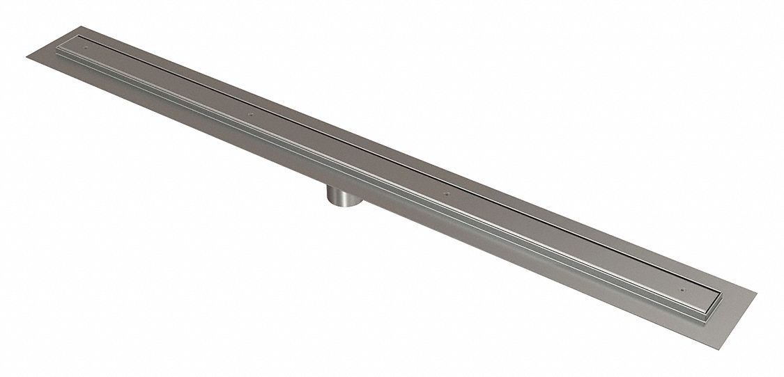 SHOWER DRAIN: 38 7/8 IN W, 36 IN OVERALL LG, 3⅜ IN H, STAINLESS STEEL