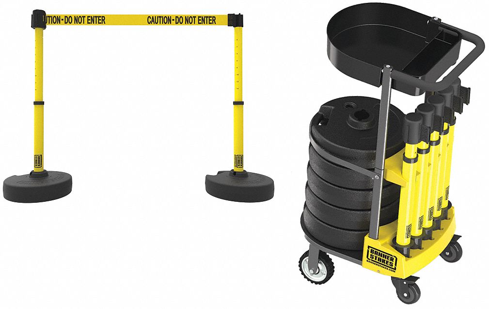 Belt Barrier System: 42 in Post Ht, 15 ft Belt Lg, Yellow, 6 No. of Posts, Message, Fillable Base