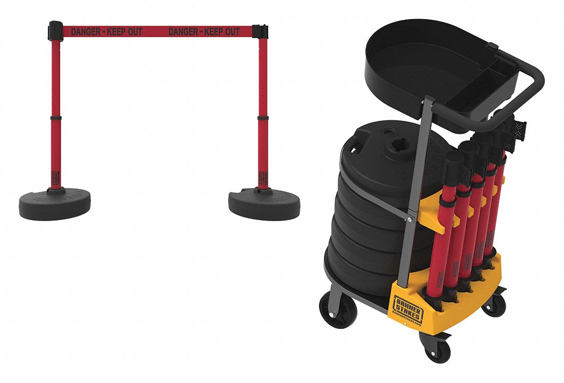 Belt Barrier System: 42 in Post Ht, 15 ft Belt Lg, Red, 6 No. of Posts, Message, Danger Messaging
