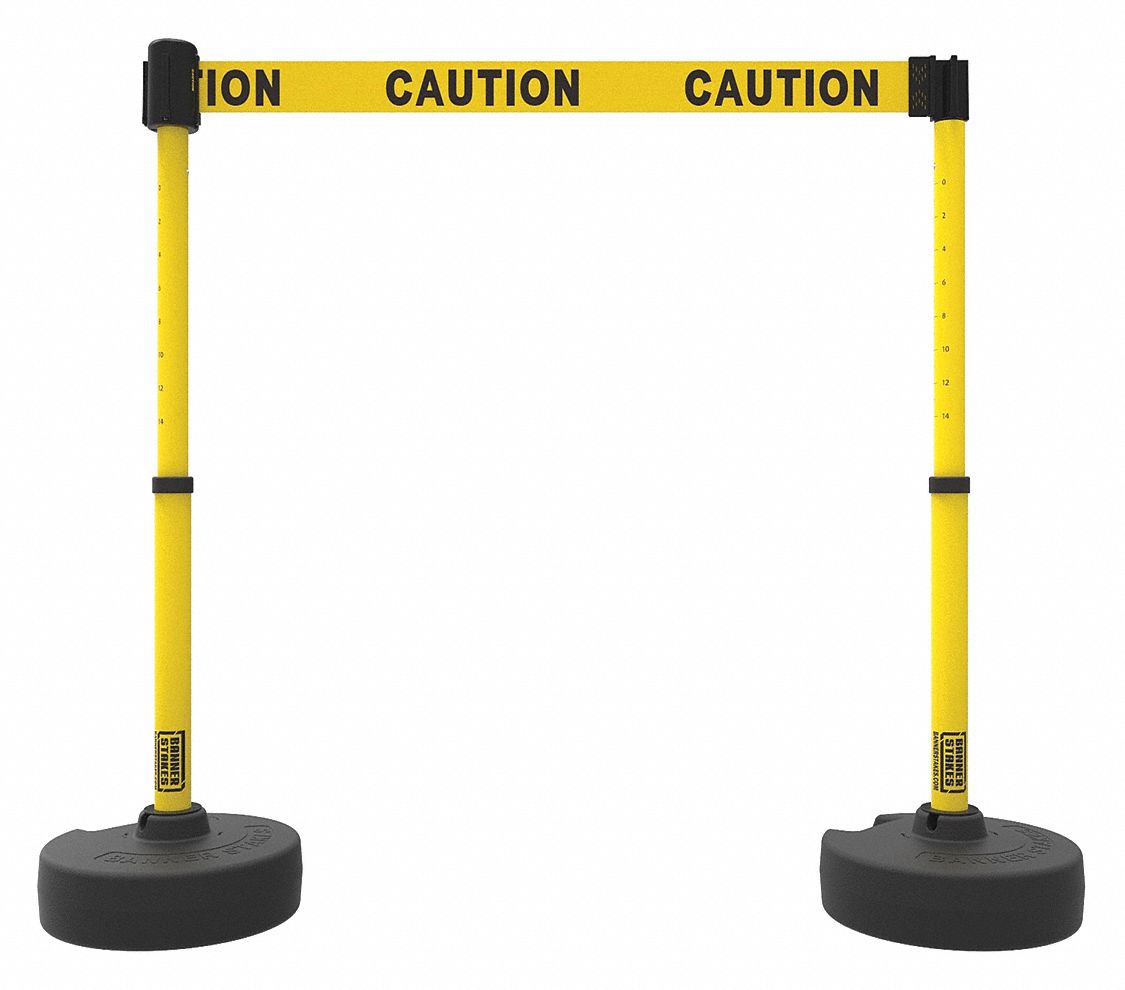 Belt Barrier System: 42 in Post Ht, 15 ft Belt Lg, Yellow, 2 No. of Posts, Message