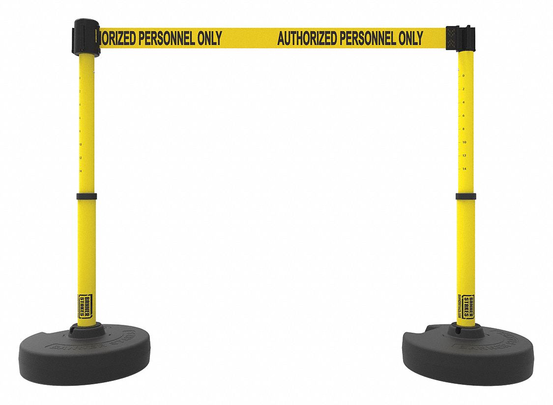 Belt Barrier System: 42 in Post Ht, 15 ft Belt Lg, Yellow, 2 No. of Posts, Message