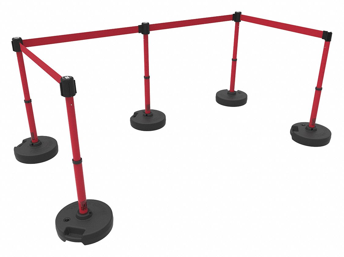 Belt Barrier System: 42 in Post Ht, 15 ft Belt Lg, Red, 5 No. of Posts, Message, No Message