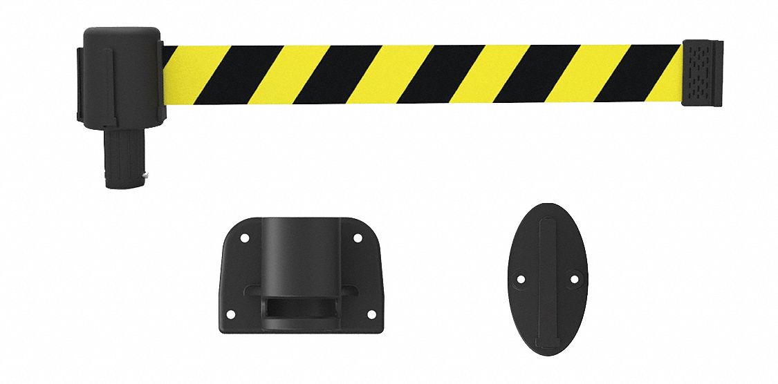 Retractable Belt Barrier System: Anchors/Screws, 15 ft Belt Lg, Pattern, Black/Yellow