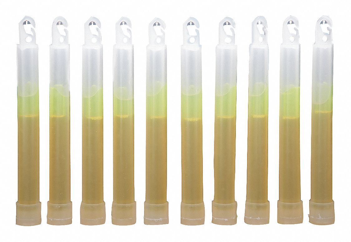 Lightstick: Yellow, 6 hr Light Duration, 6 in Overall Lg, Stick, Single-Use, 10 PK