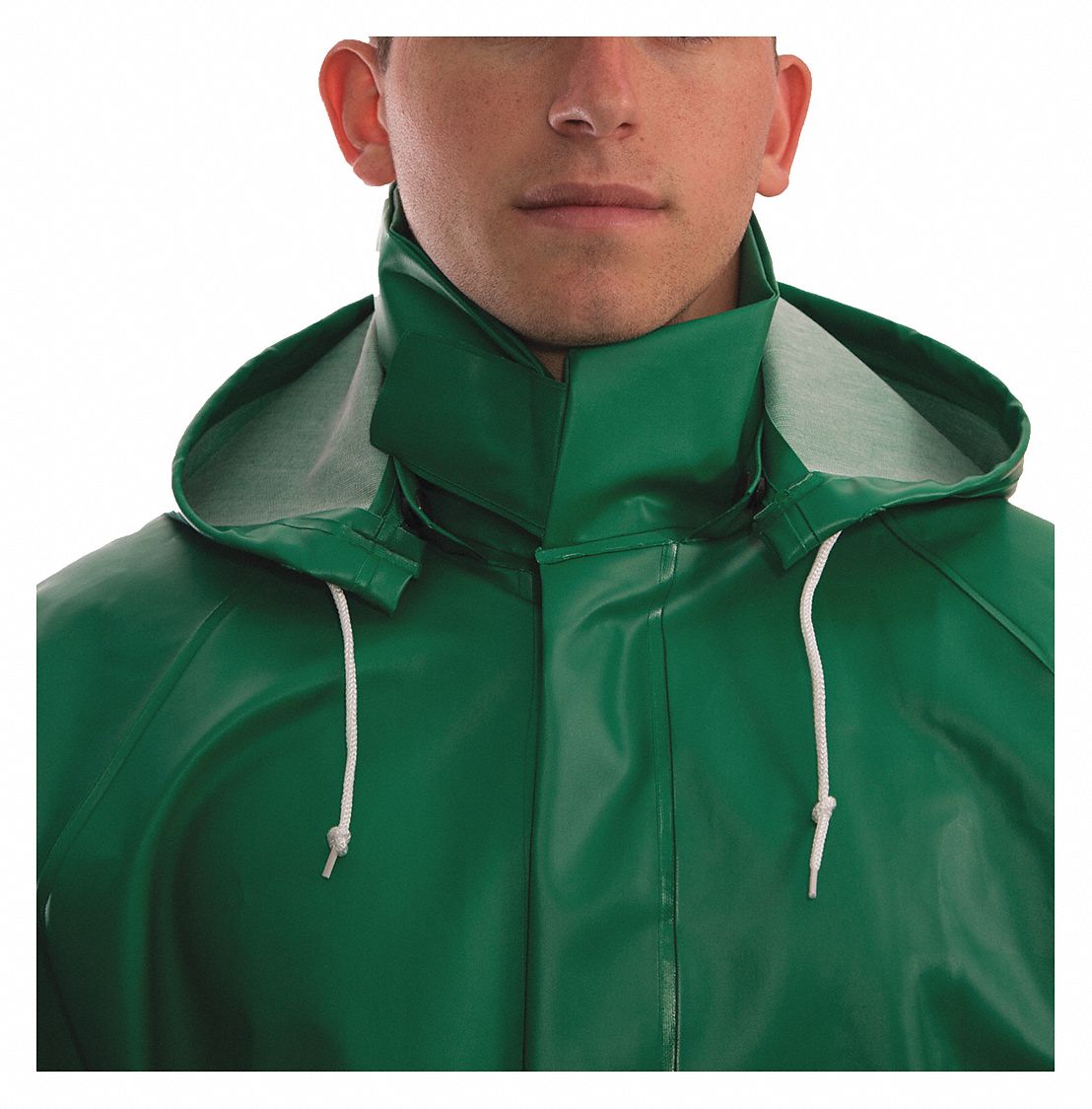 FLAME-RESISTANT RAIN HOOD, UNIVERSAL, GREEN, PVC, SNAPS HOOD ATTACHMENT