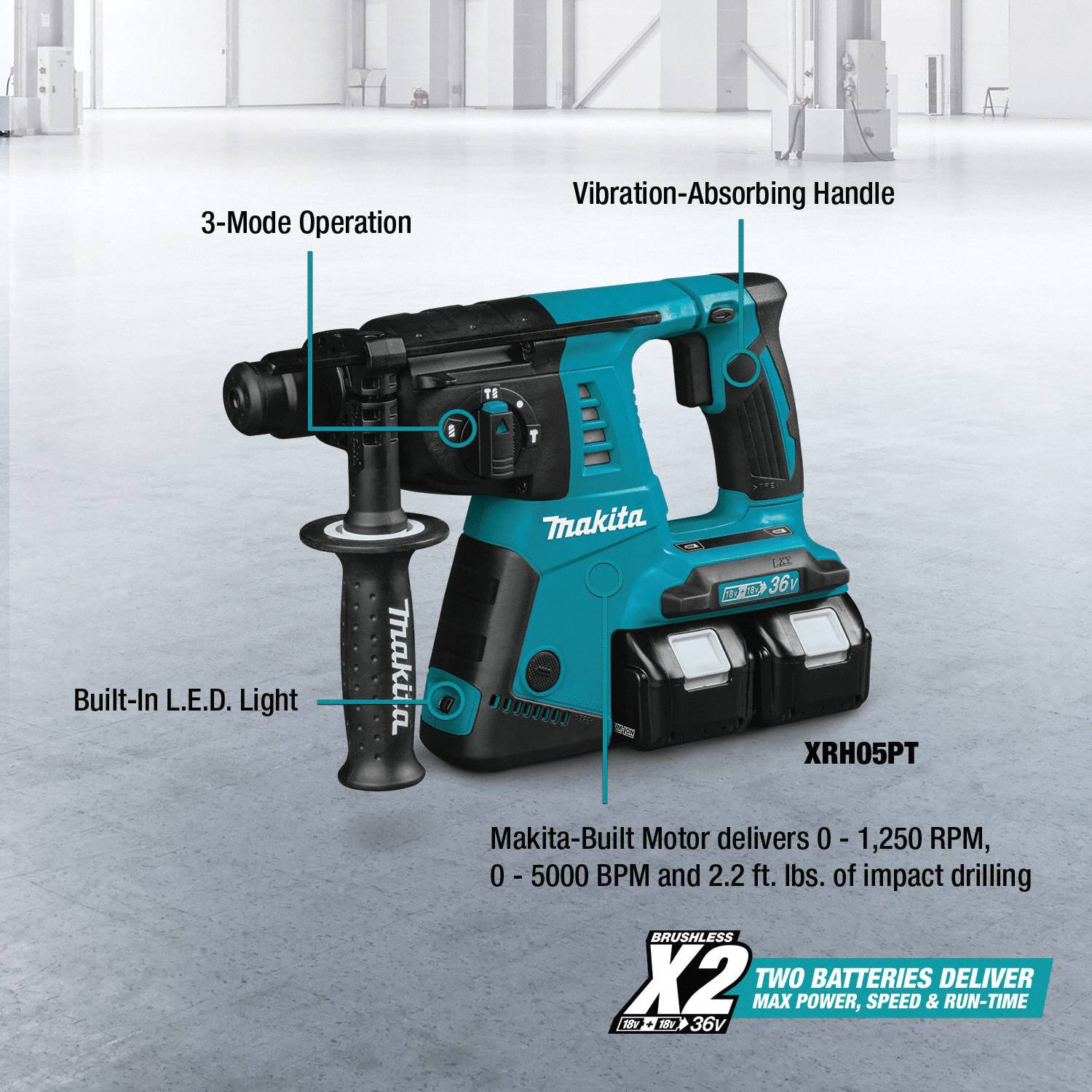 MAKITA Cordless Rotary Hammer PistolGrip, 36V DC, SDSPlus, 1 in max