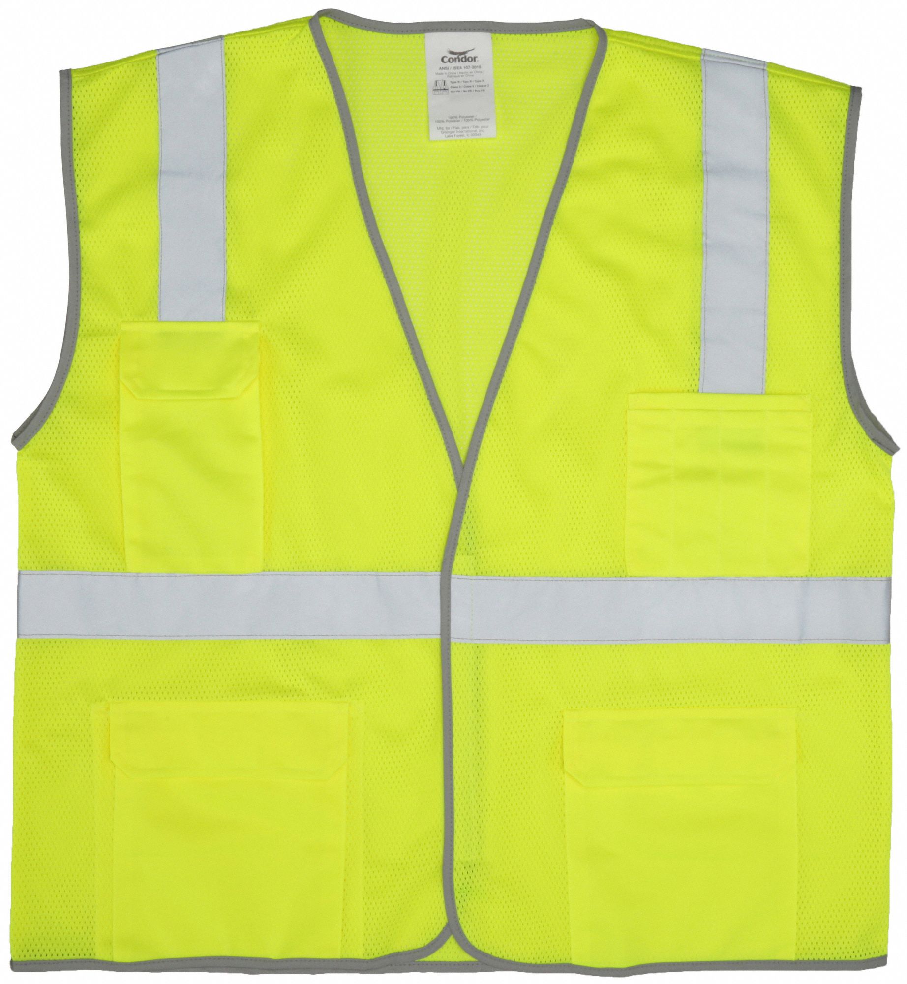 High-Visibility Vest: ANSI Class 2, U, L/XL, Lime, Solid Polyester, Hook-and-Loop, Single