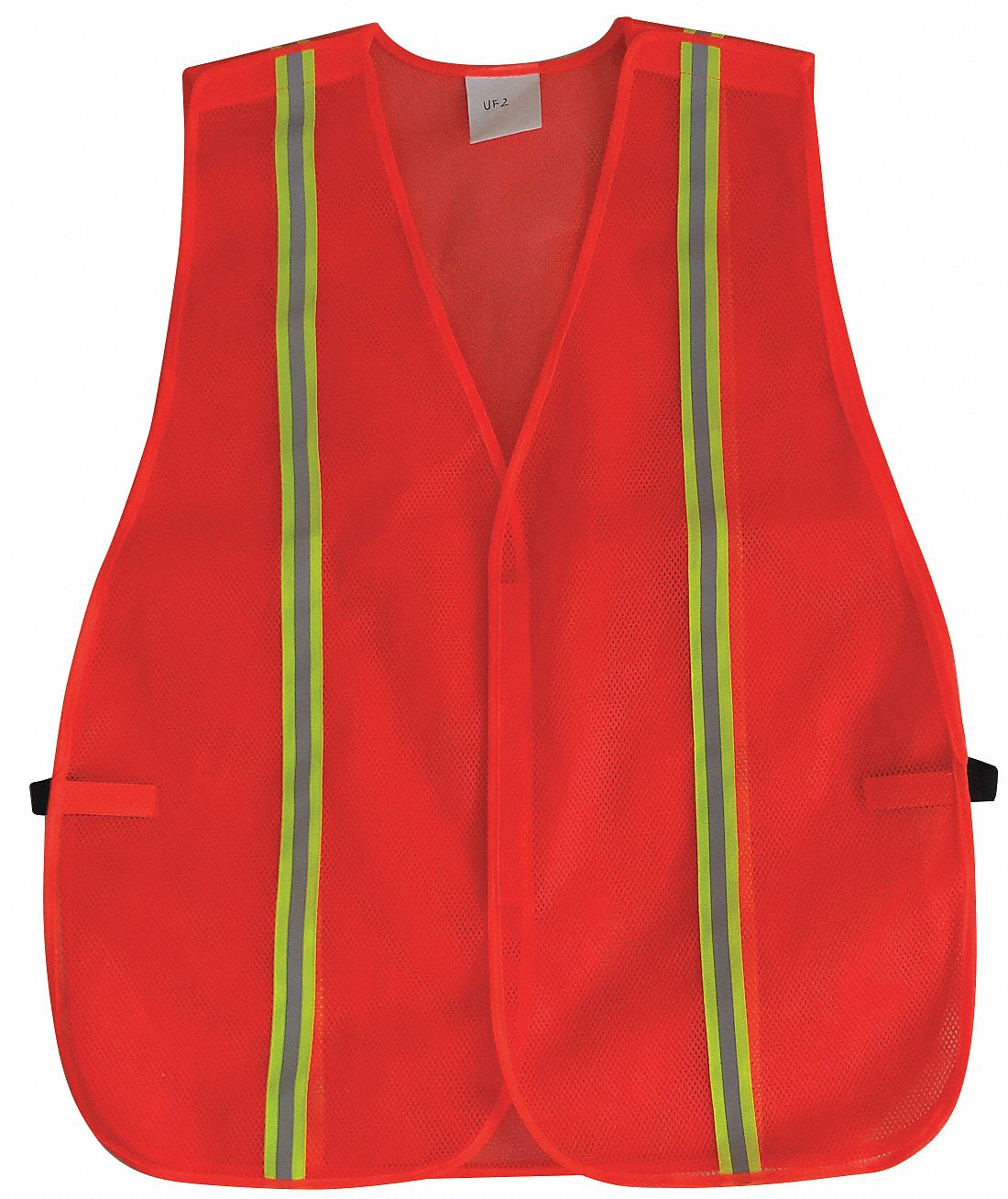 HI-VIS VEST, VERTICAL, UNIVERSAL, ORNG, POLYESTER MESH, HOOK & LOOP, CONTRASTING