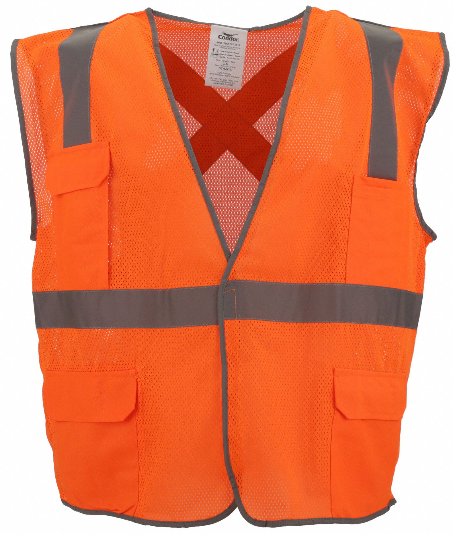 HI-VIS VEST, ANSI CLASS 2, 2XL/3XL, ORANGE, POLYESTER MESH, HOOK & LOOP, SINGLE