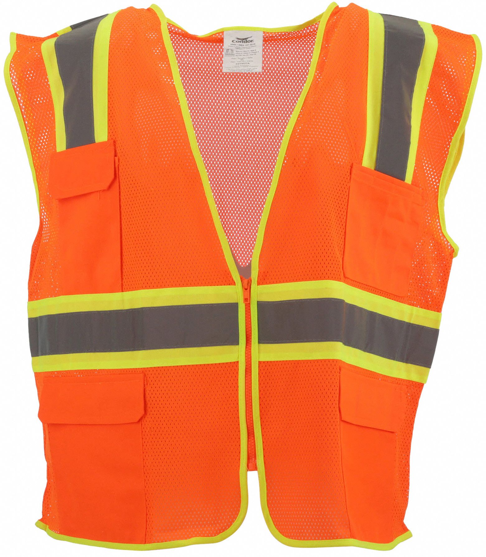 CONDOR High-Visibility Vest: ANSI Class 2, U, 5XL, Orange, Mesh Polyester,  Zipper, Contrasting