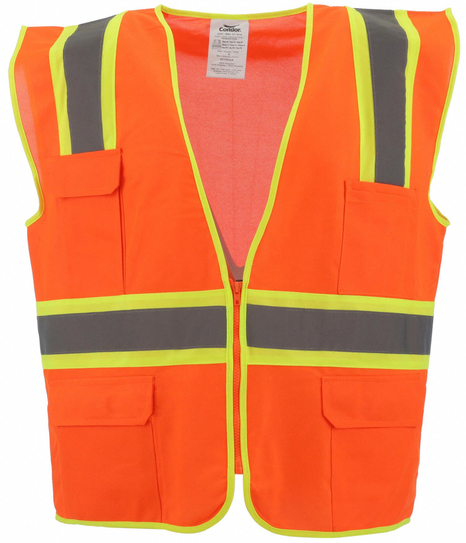 High-Visibility Vest: ANSI Class 2, U, 2XL, Orange, Solid Polyester, Zipper, Contrasting
