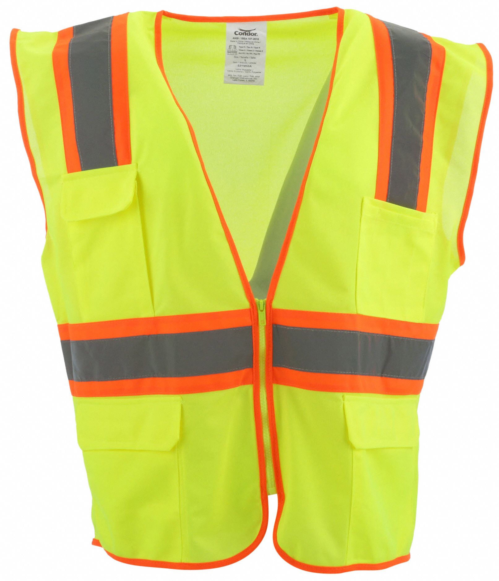 High-Visibility Vest: ANSI Class 2, U, 2XL, Lime, Solid Polyester, Zipper, Contrasting