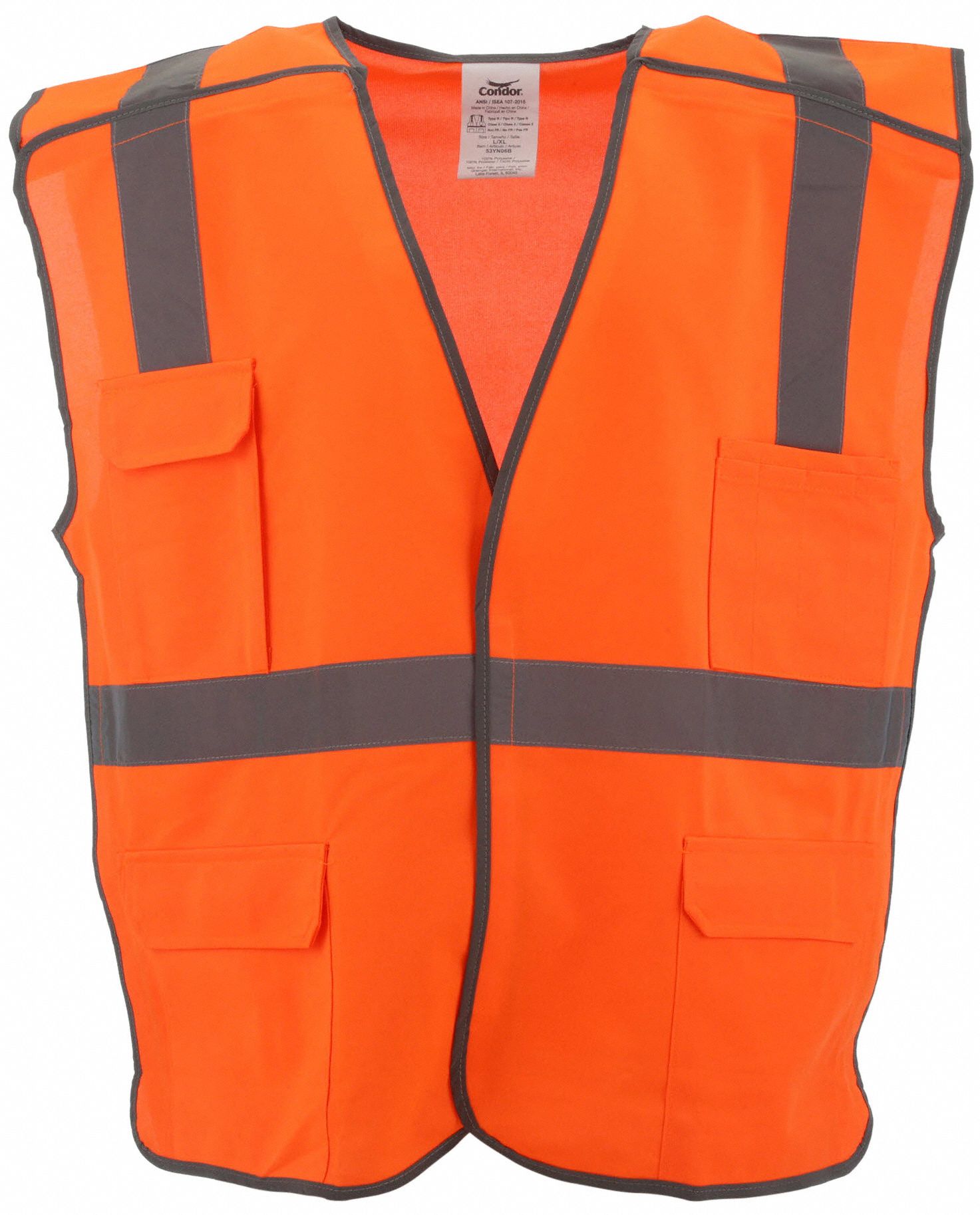 High-Visibility Vest: ANSI Class 2, U, S/M, Orange, Solid Polyester, Hook-and-Loop, Single