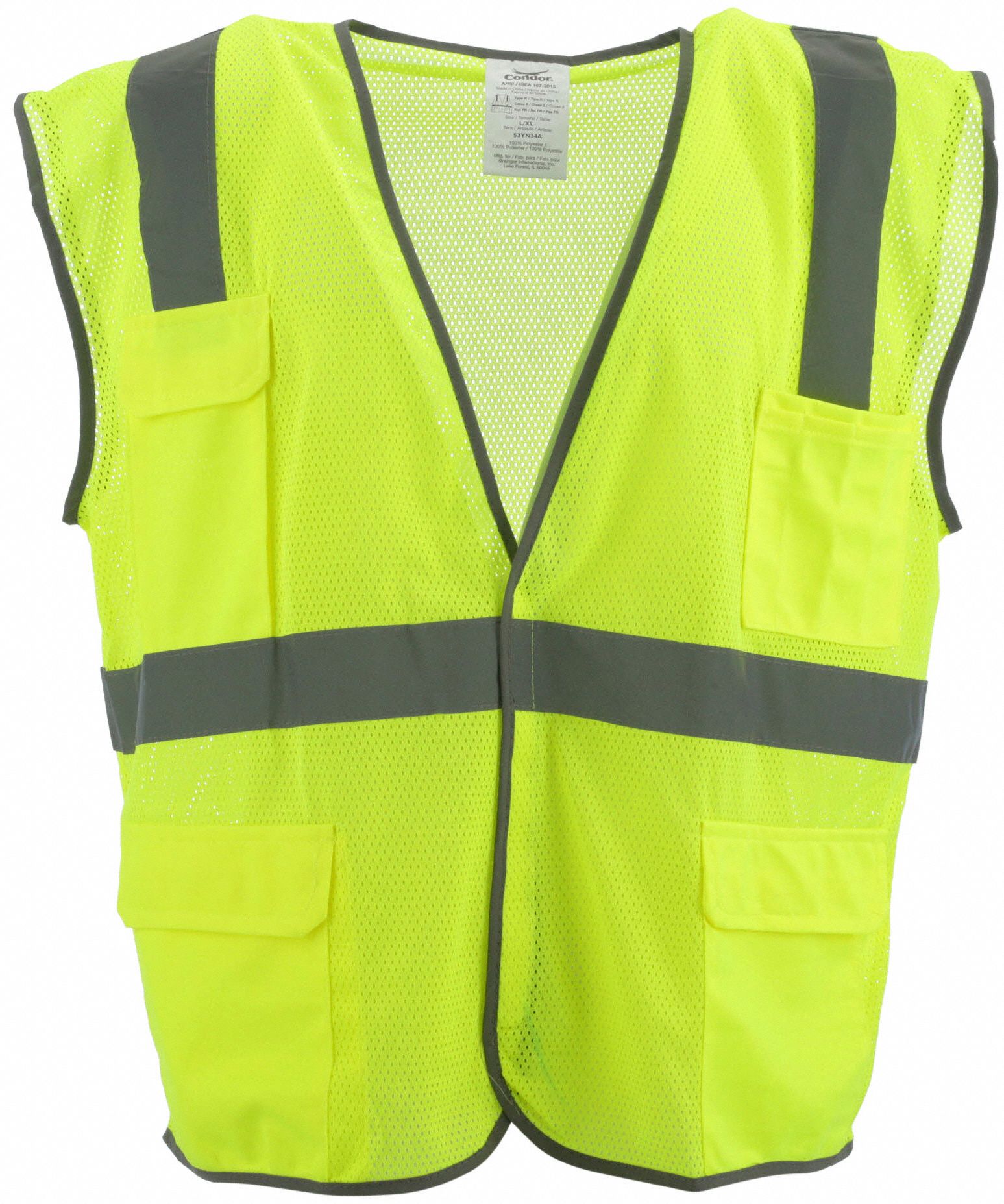 HI-VIS VEST, ANSI CLASS 2, 4XL/5XL, LIME, POLYESTER MESH, HOOK &amp; LOOP, SINGLE STRIPE