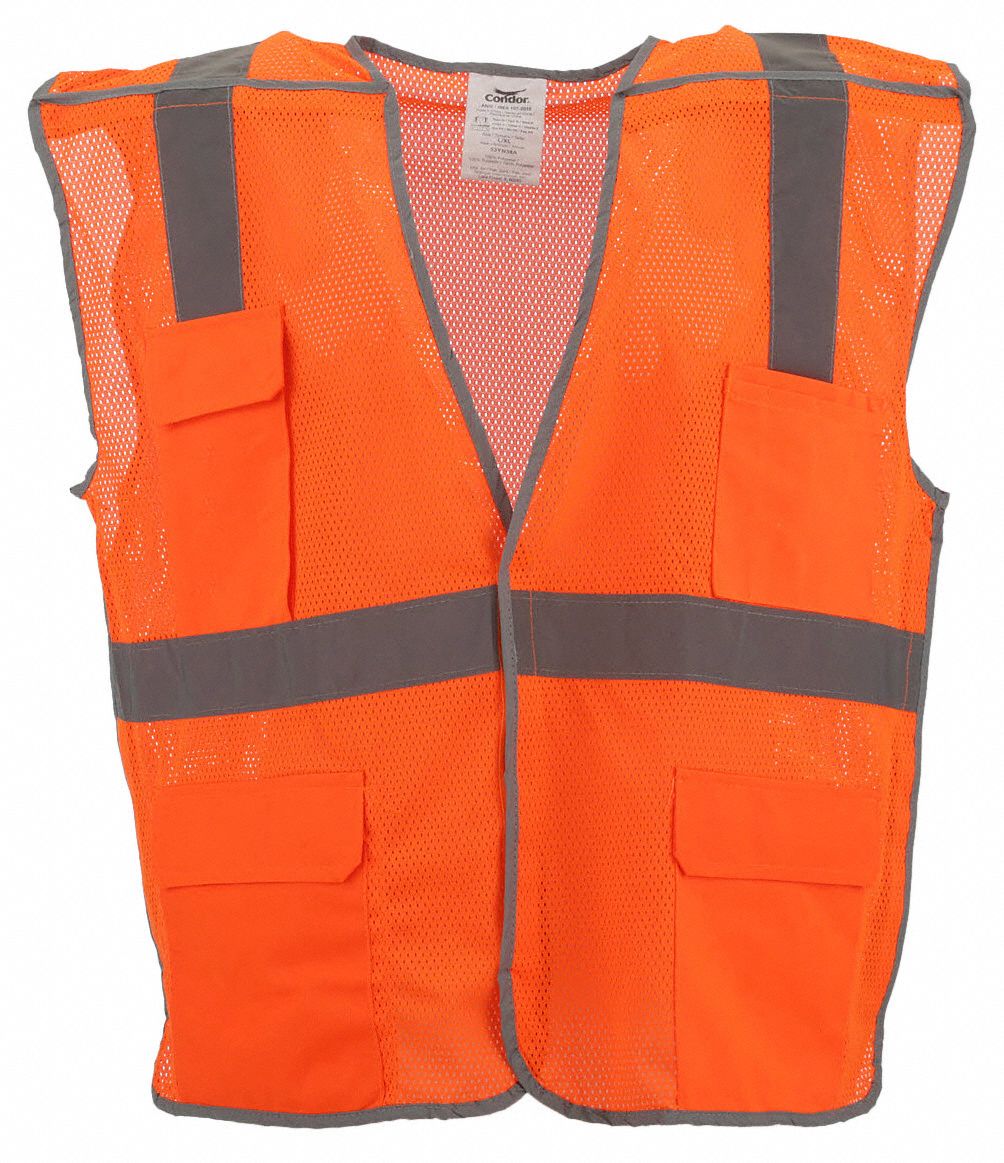 High-Visibility Vest: ANSI Class 2, U, S/M, Orange, Mesh Polyester, Hook-and-Loop, Single