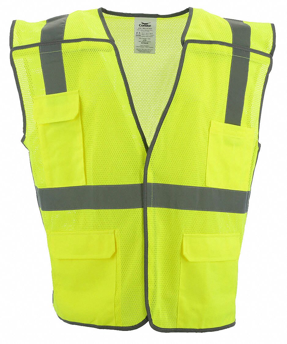 High-Visibility Vest: ANSI Class 2, U, 4XL/5XL, Lime, Mesh Polyester, Hook-and-Loop, Single