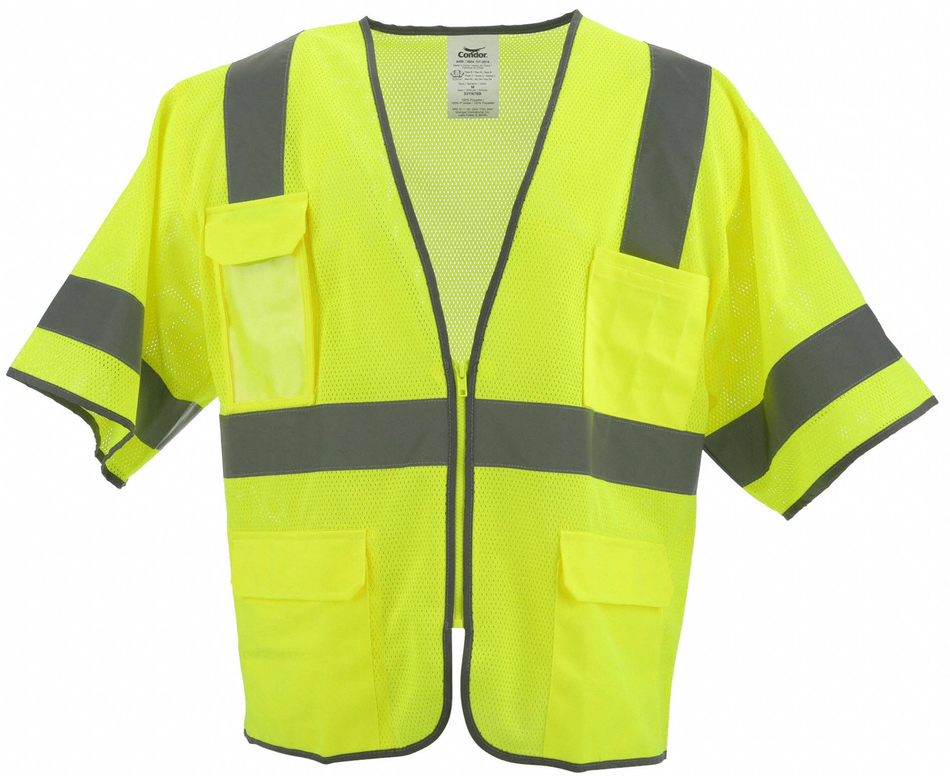 HI-VIS VEST, ANSI CLASS 3, M, LIME, POLYESTER MESH, ZIPPER, SINGLE STRIPE