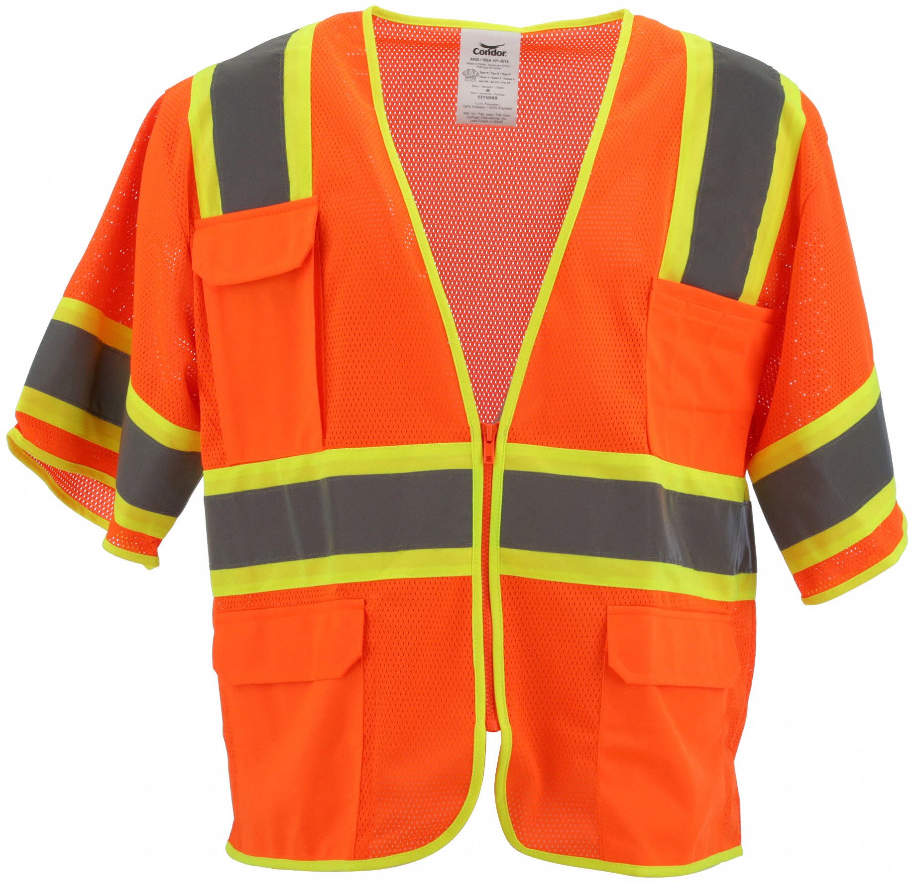 High-Visibility Vest: ANSI Class 3, U, 2XL, Orange, Mesh Polyester, Zipper, Contrasting