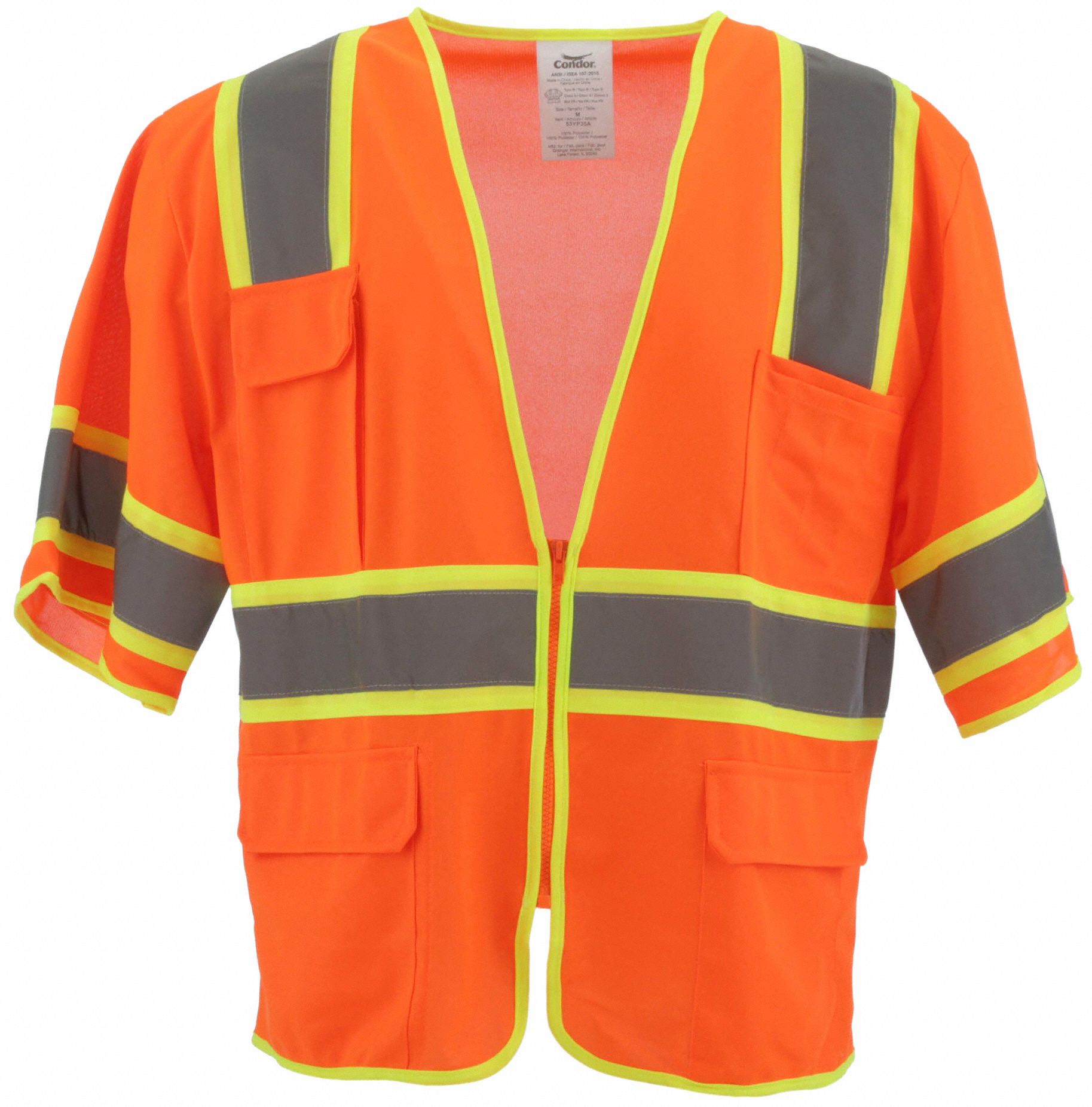 High-Visibility Vest: ANSI Class 3, U, 2XL, Orange, Solid Polyester, Zipper, Contrasting