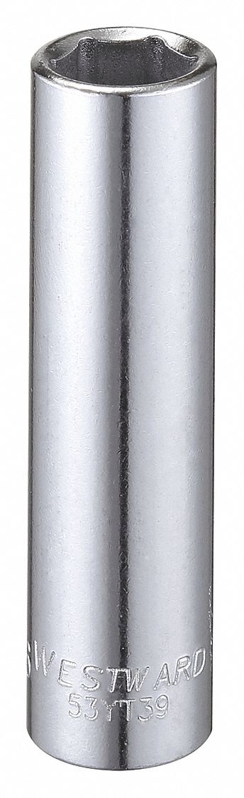 Socket: SAE, 3/8 in Drive Size, 7/16 in Socket Size, 6-Point, Deep, Chrome, Socket