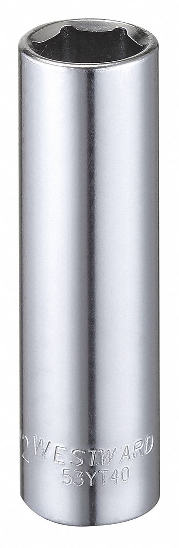 Socket: SAE, 3/8 in Drive Size, 1/2 in Socket Size, 6-Point, Deep, Chrome, Socket