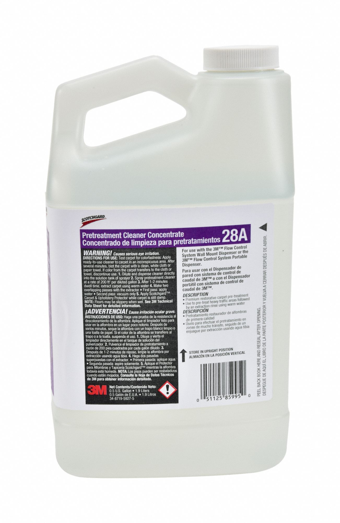 Carpet Extraction Cleaner: Pretreatment Cleaner, 28A, Fits Flow Control Dispenser Series, 0.5 gal