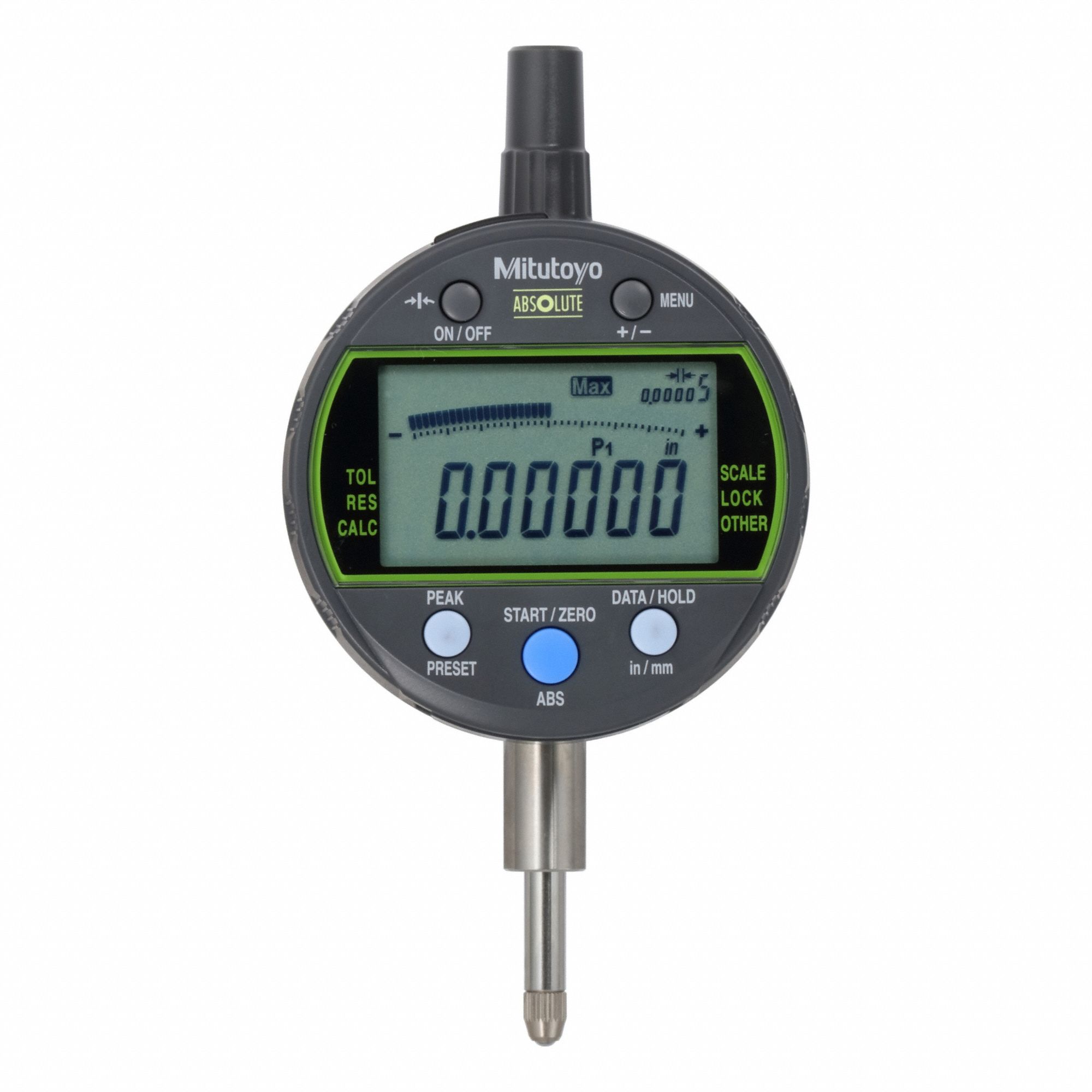 Calibrated Indicator: 0 in to 0.5 in /0 in to 12.7 mm, Inch/Metric, 0.0001 in Accuracy