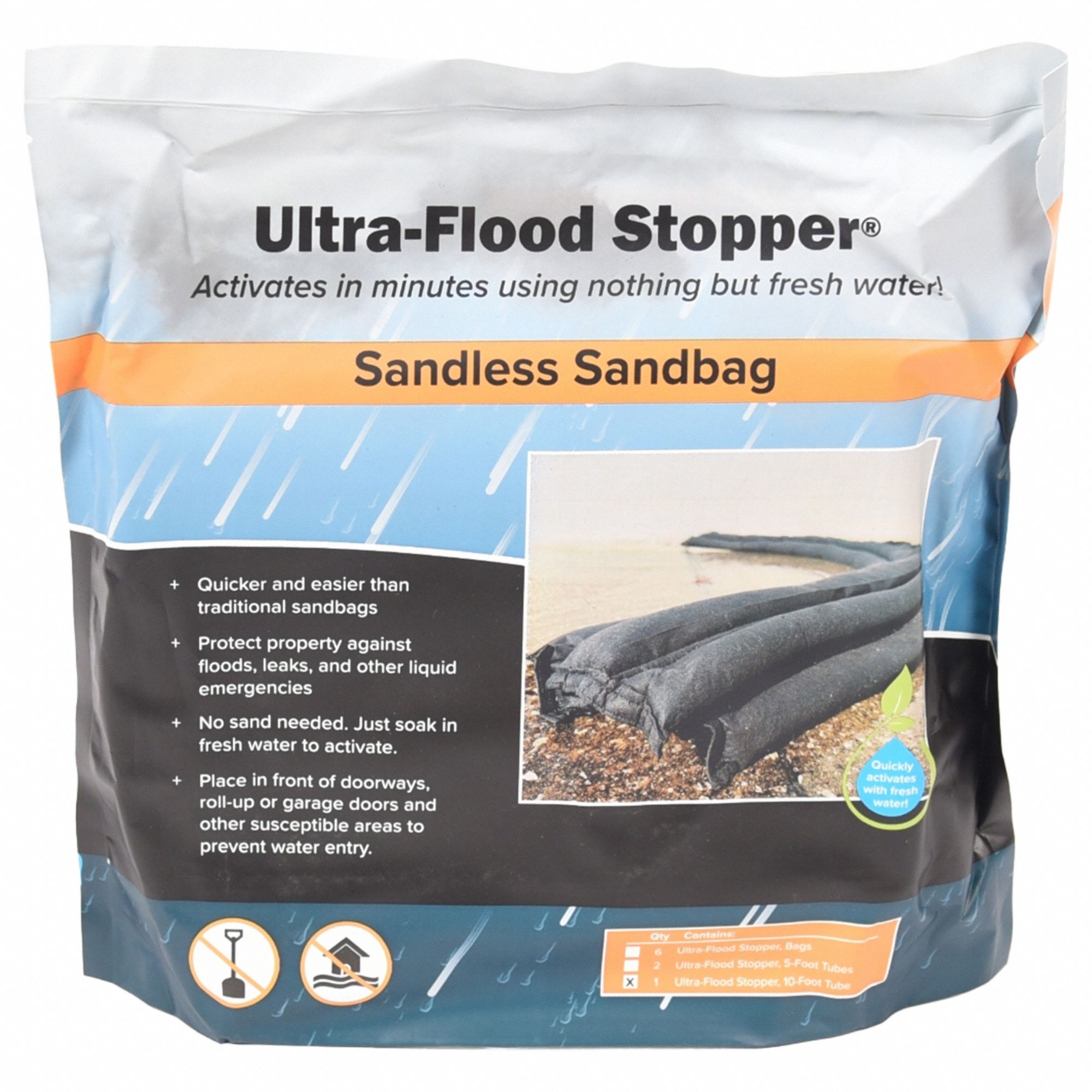 Water Activated Flood Bag: Fresh Water, 12 in Overall Ht, 8 in Overall Wd