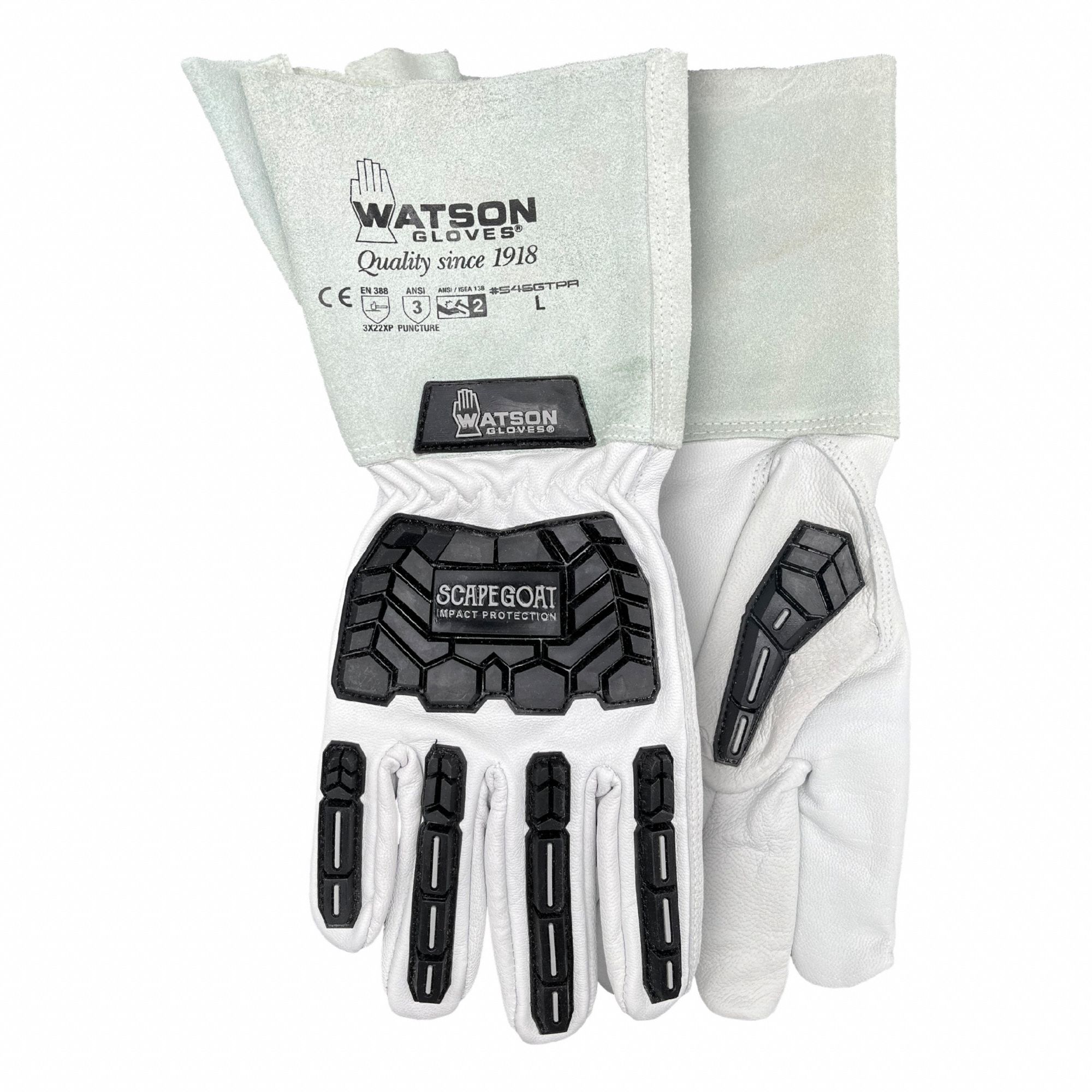 Welding Gloves: Inset Thumb, Gauntlet Cuff, Std, White Goatskin, Watson Gloves 546GTPR, 1 PR