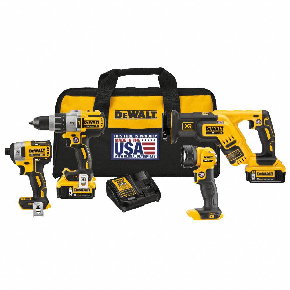 DEWALT Cordless Combination Kit 20 V Volt 4 Tools 1 2 in Hammer Drill 38 250 BPM Flashlight