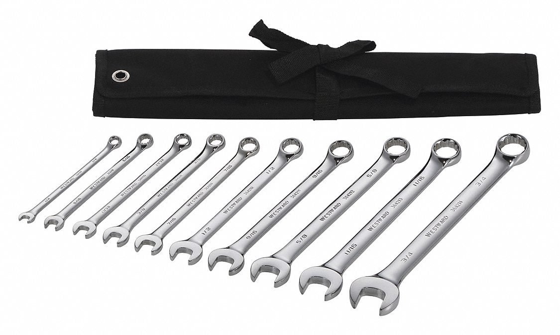 COMBINATION WRENCH SET, ALLOY STEEL, CHROME, 10 TOOLS, ¼ IN TO¾ IN HEAD SIZES