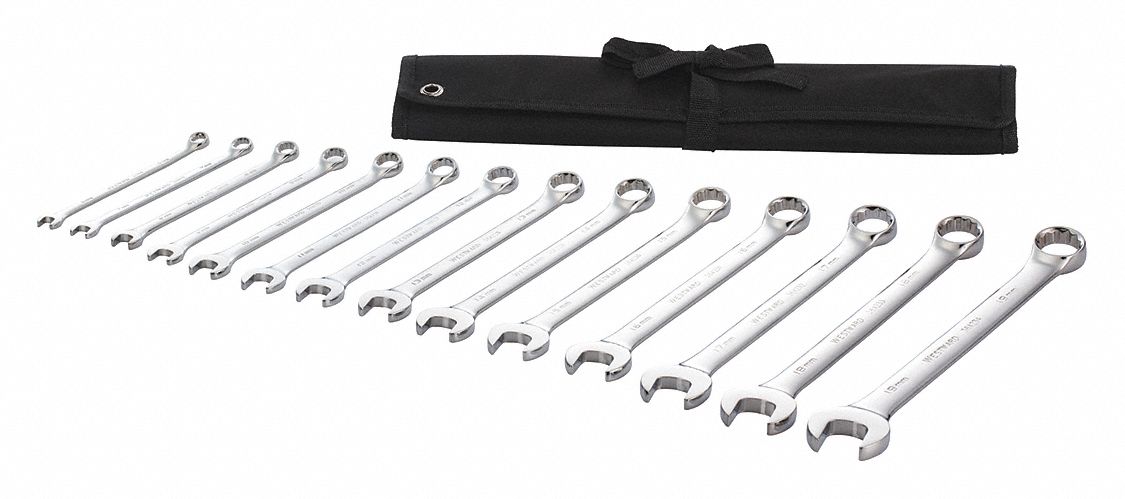 COMBINATION WRENCH SET, ALLOY STEEL, CHROME, 14 TOOLS, 6 MM TO 19 MM HEAD SIZES, METRIC