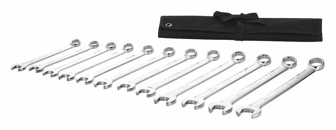 COMBINATION WRENCH SET, ALLOY STEEL, CHROME, 12 TOOLS, 20 MM TO 32 MM HEAD SIZES