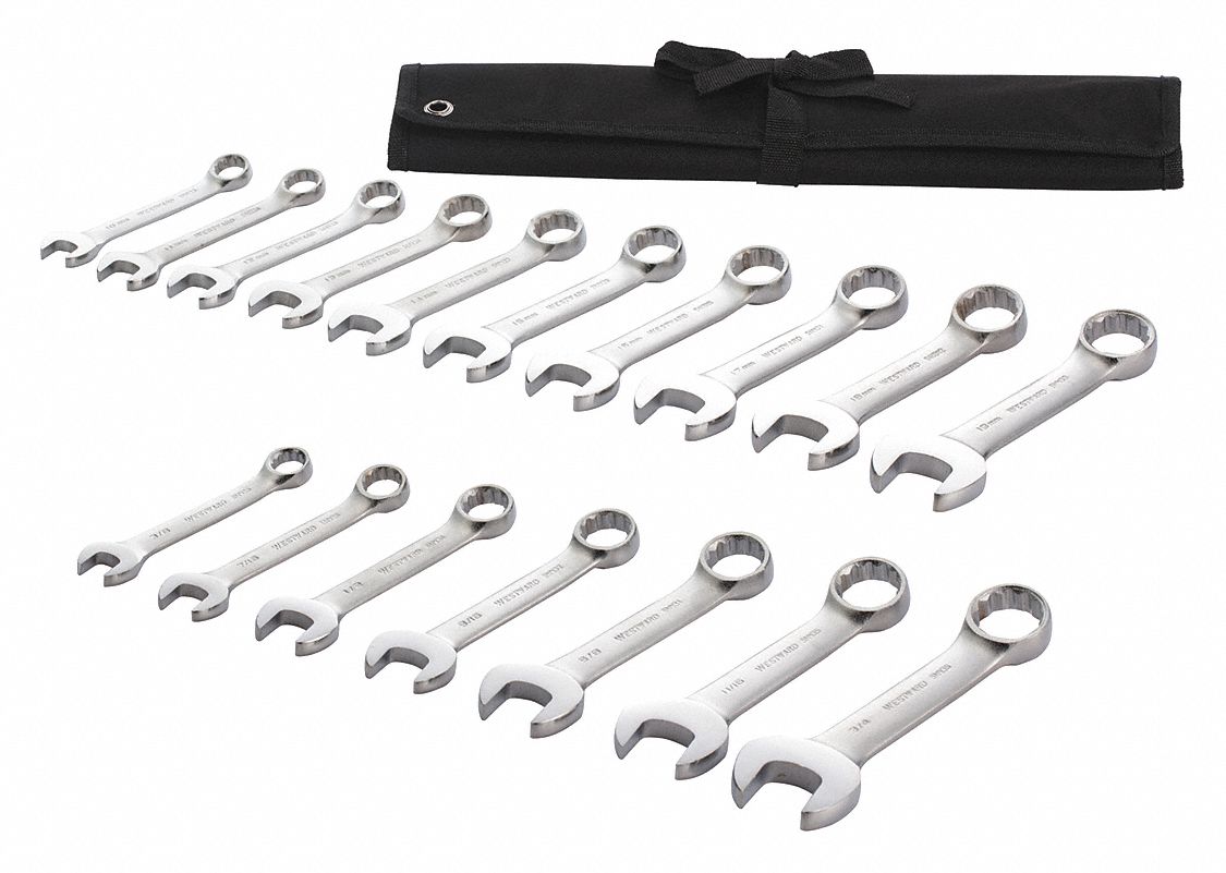 Combination Wrench Set: Alloy Steel, Satin, 17 Tools, 15° Head Offset Angle, Offset, Pouch