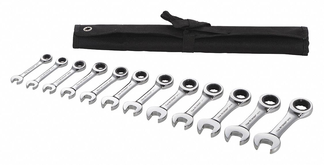 COMBINATION WRENCH SET, ALLOY STEEL, CHROME, 12 TOOLS, 8 MM TO 19 MM HEAD SIZES, RATCHETING