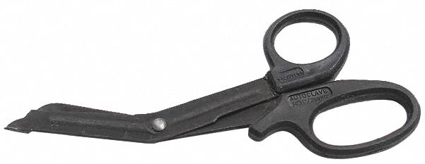 Medical Shears: EMS Shear, Stainless Steel, Angled/Serrated, Plastic, 7 1/4 in Overall Lg, Black