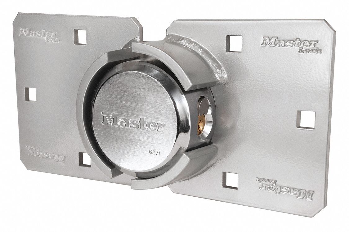 Van Locks with Hasp: 8 5/8 in Hasp Lg, 3 1/2 in Hasp Ht, 6 Mounting Holes, 3/8 in Mounting Hole Dia.