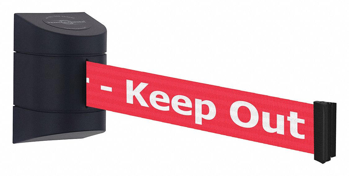 Barrier Post with Belt: Fixed Mounting Plate, 15 ft Belt Lg, Danger Messaging, Red